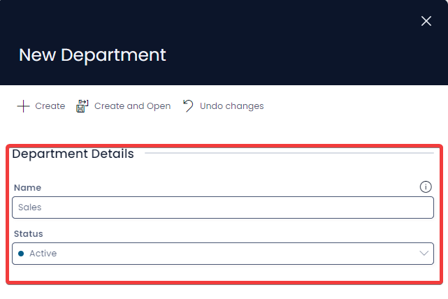 A screenshot that indicates where the Department fields titled &quot;Name&quot; and &quot;Status&quot; are located when creating a new Department item